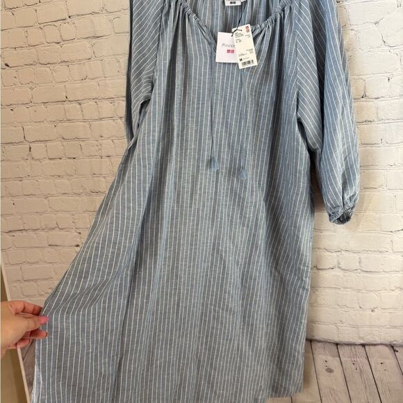 UNIQLO X J.W. ANDERSON Linen Blend Striped Gathered 3/4 Sleeved Dress - Picture 9 of 15